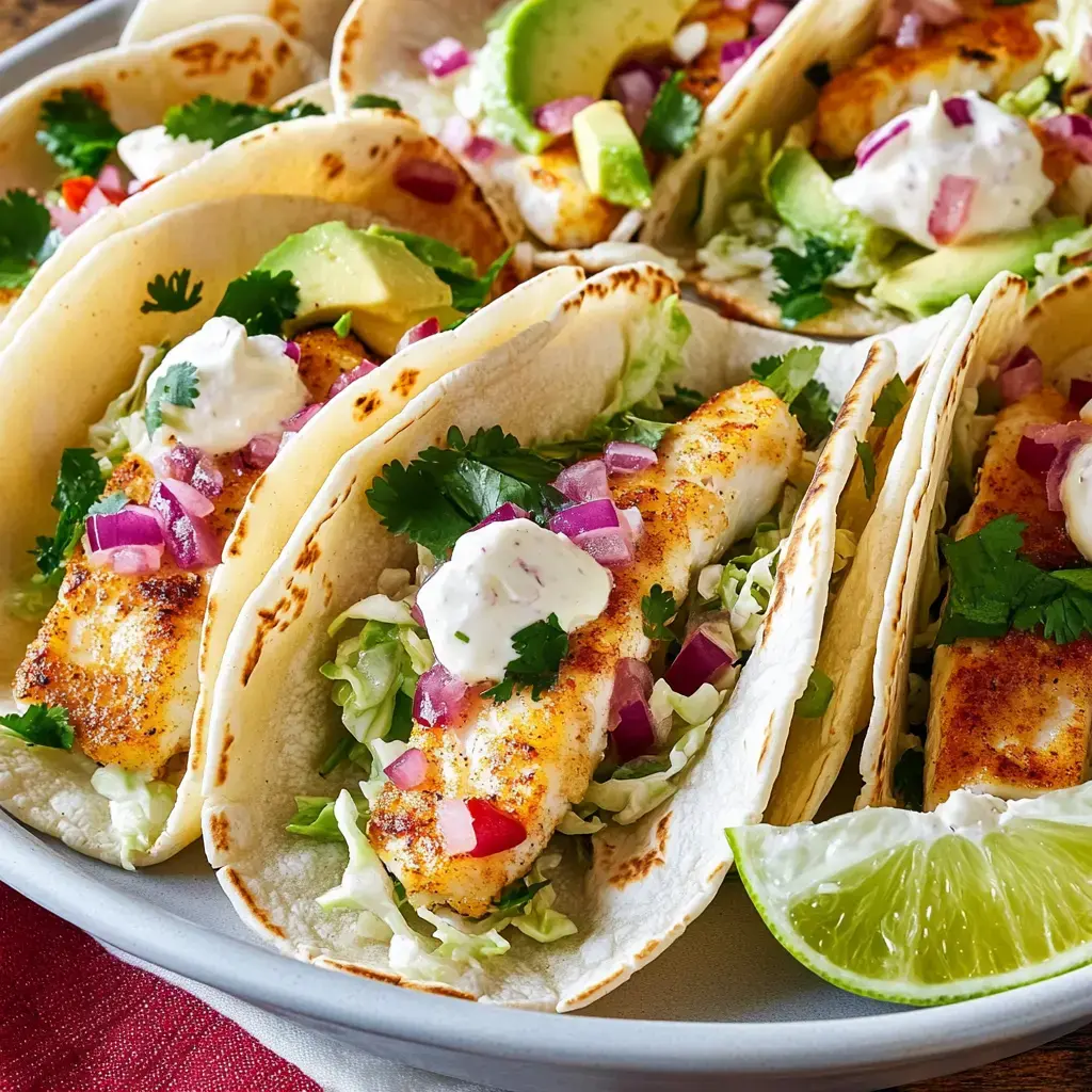 Fish tacos packed with grilled cod, lettuce, avocado slices, red onion, cilantro, and crema, served alongside lime wedges.