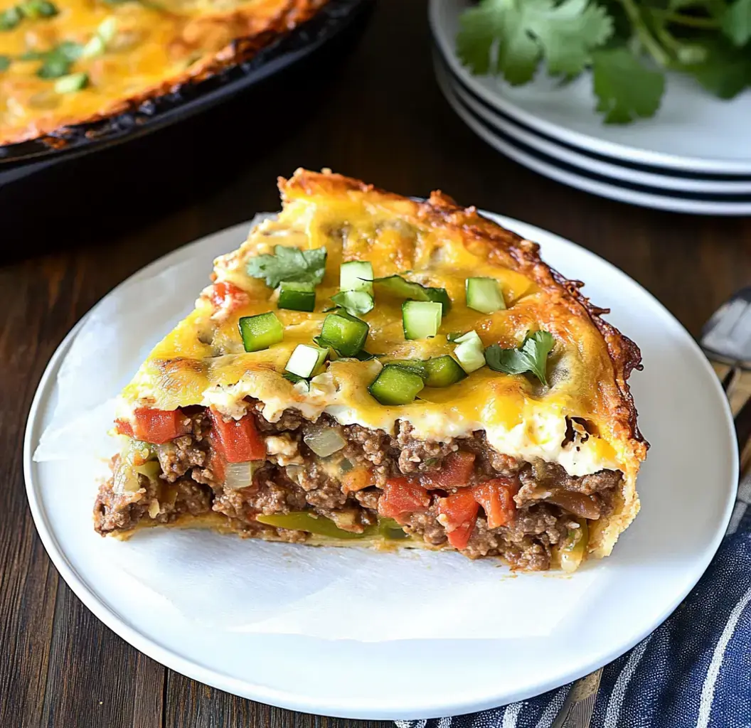 A slice of layered cheesy goodness with fresh green peppers and cilantro sprinkled on a white plate.