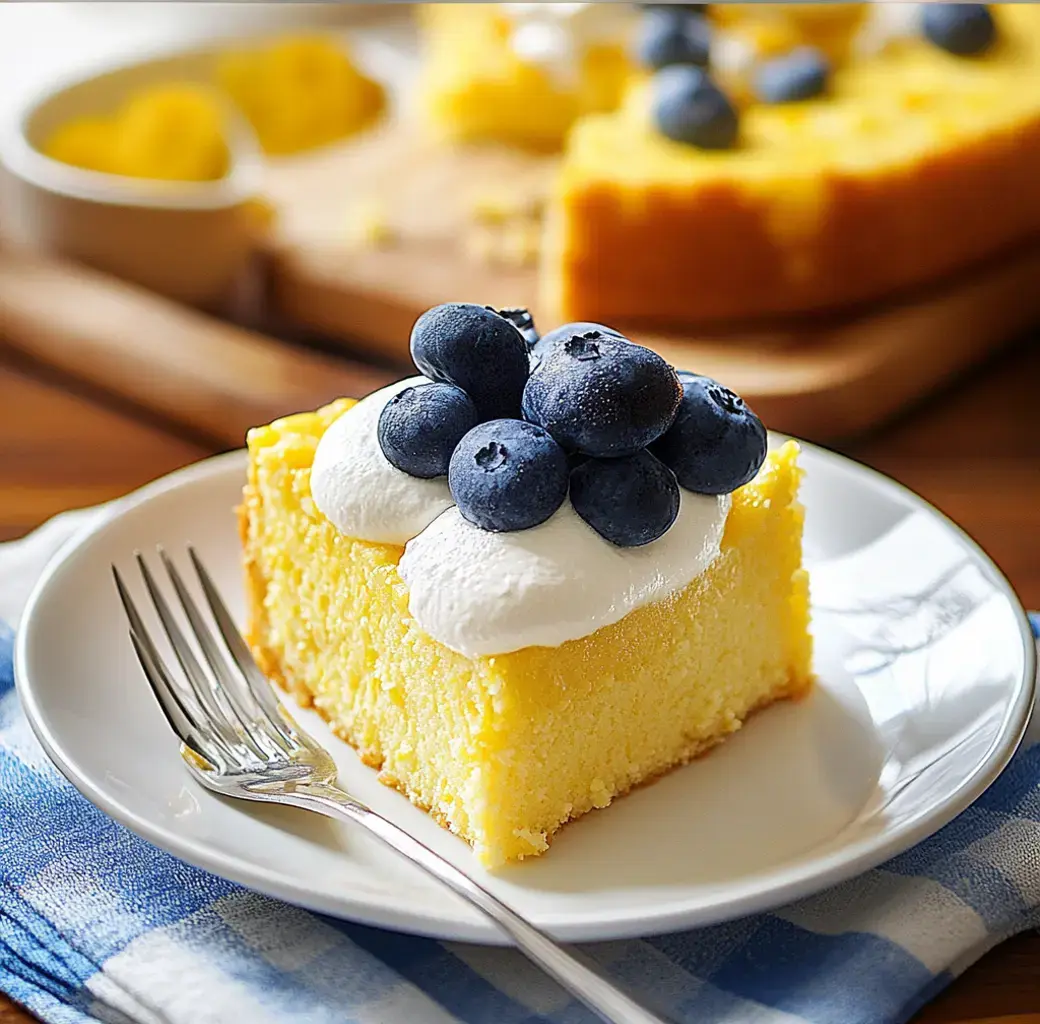 A slice of yellow cake with cream and blueberries on top, served on a white plate placed on a blue-checked cloth.