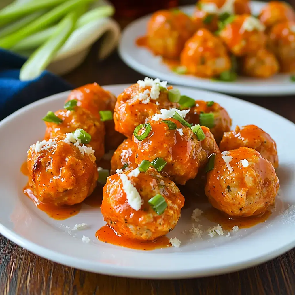 A plate of spicy chicken bites topped with sauce, green onions, and feta cheese, with another plate behind it.