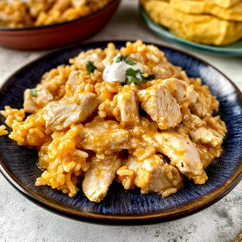 A plate of creamy chicken and saffron rice topped with cilantro and sauce, with a blurred background of more food.