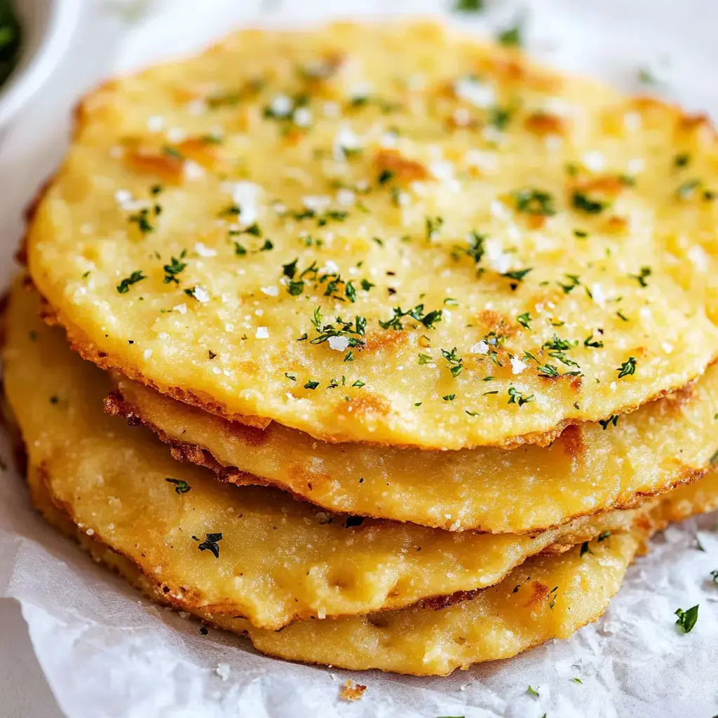 Golden flatbreads with herbs and salt sitting on parchment, stacked neatly.