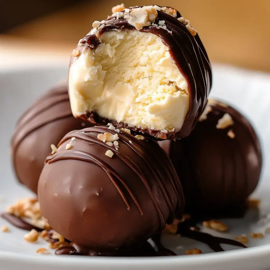 Close-up of chocolate-covered bites, one revealing a creamy peanut butter inside, topped with crushed nuts.