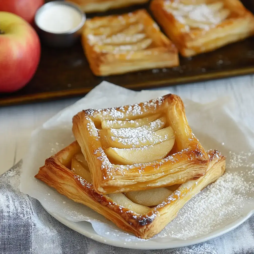 Golden puff pastries topped with caramelized apples, lightly dusted with sugar, served with apple slices and a cream pot.