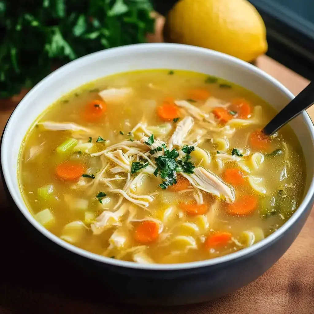 A cozy bowl of chicken noodle soup full of fresh veggies, herbs, and a lemon wedge.
