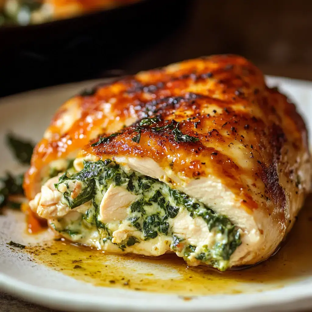Close-up of spinach and cheese stuffed chicken breast slices on a plate with sauce drizzled over it.