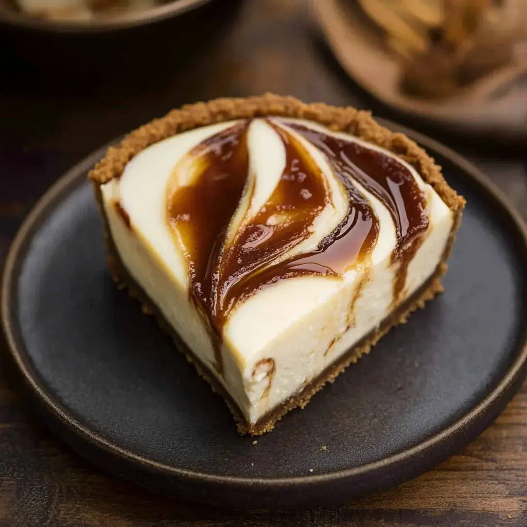 A rich slice of cheesecake with smooth apple butter swirl served on a dark plate.