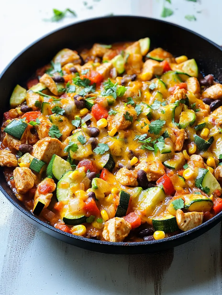 A vibrant pan filled with cubed chicken, zucchini chunks, black beans, corn kernels, diced tomatoes, covered with melted cheese and topped with fresh cilantro.