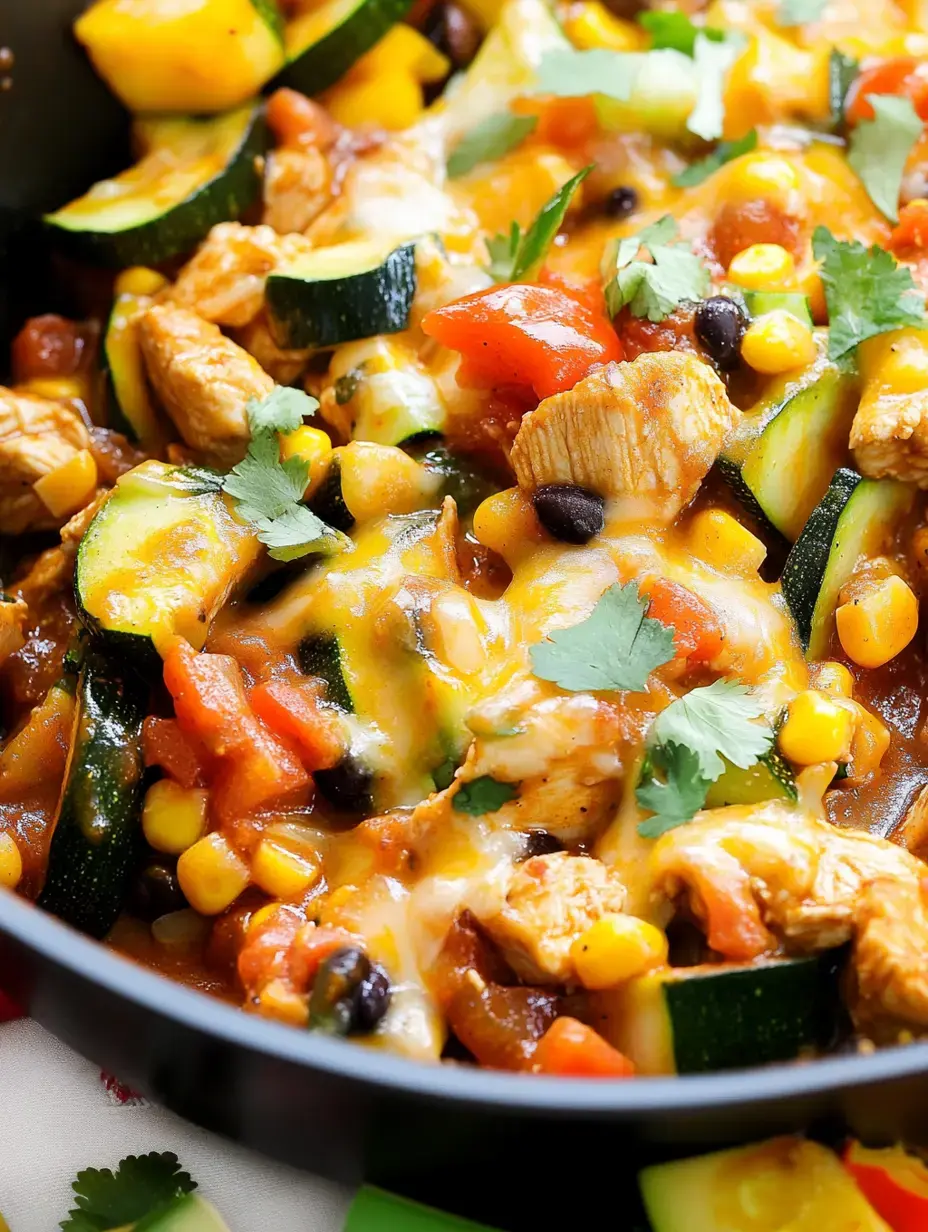A detailed shot of a colorful mixture containing diced chicken pieces, zucchini slices, yellow corn, black beans, and gooey melted cheese, sprinkled with fresh cilantro leaves.
