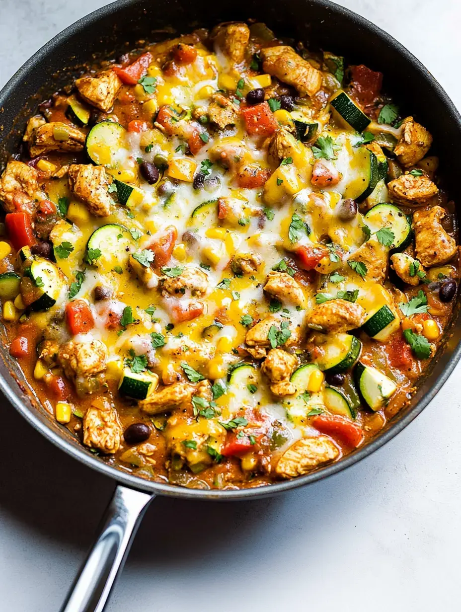 A pan loaded with a vibrant mix of chicken chunks, zucchini pieces, red and green peppers, yellow corn, black beans, and stretchy melted cheese, garnished with green cilantro sprigs.
