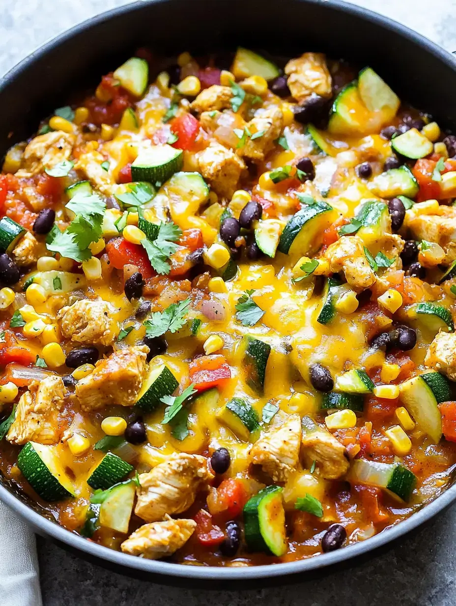 A hearty skillet creation featuring tender chicken cubes, protein-rich black beans, sweet corn kernels, green zucchini chunks, and stretchy melted cheese, finished with bright green cilantro.