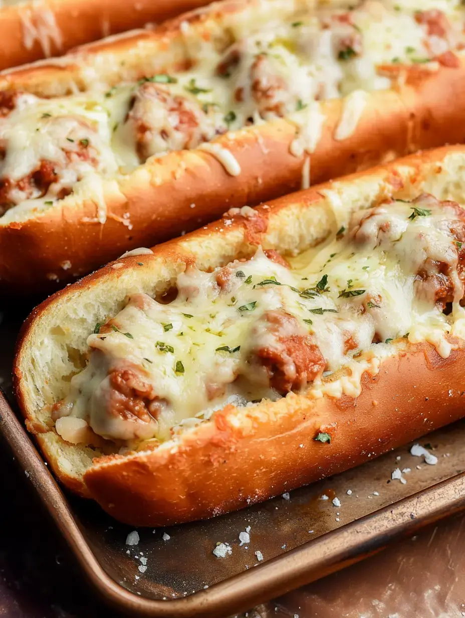 A tasty meatball sub with melted cheese and fresh herbs on a silver serving tray.