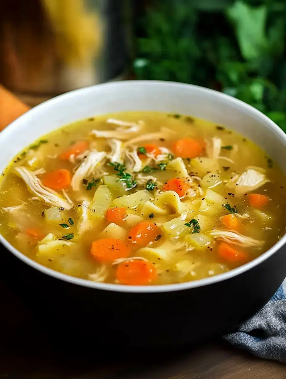 A hearty chicken soup bowl with noodles, pulled chicken, carrot pieces and celery topped with fresh herbs.
