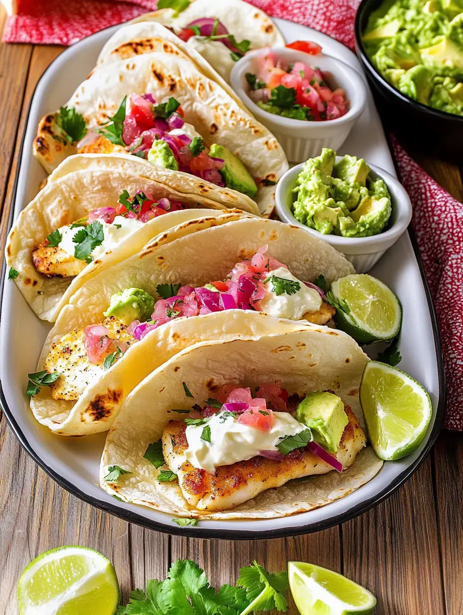 A plate of fish tacos topped with fresh ingredients like pico de gallo, avocado, cilantro, and served with lime wedges and guacamole.