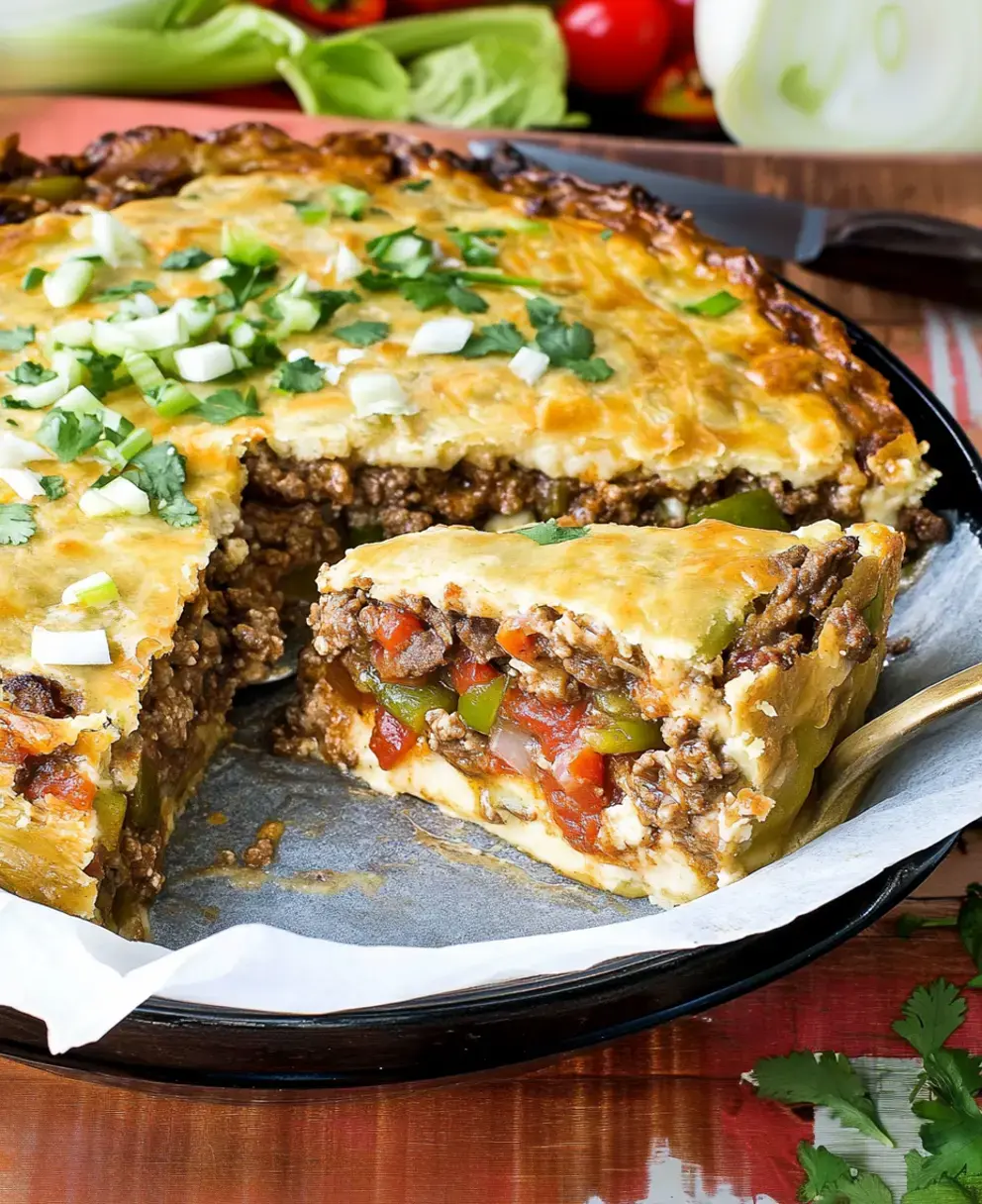 A slice of savory pie with ground beef, tomatoes, and green peppers, garnished with green onions and cilantro in a round dish.