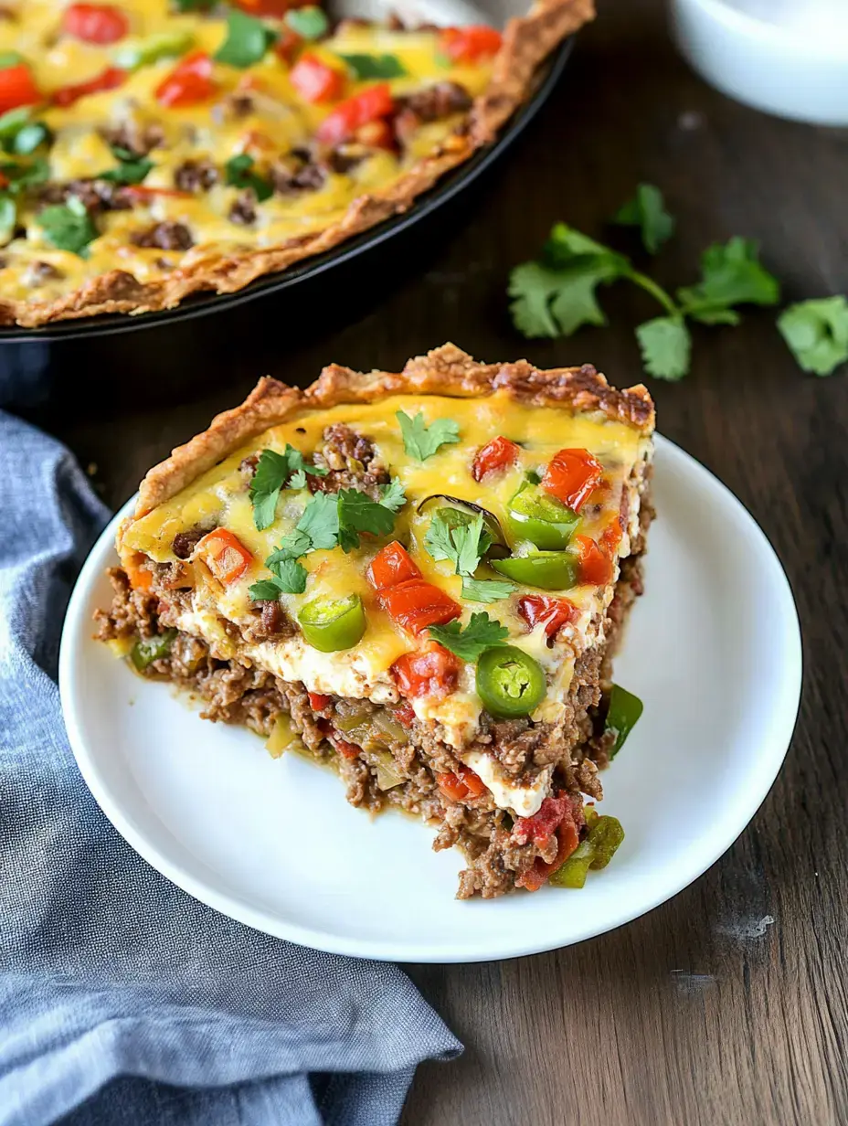 A slice of layered meat and vegetable pie with cheese and fresh cilantro, served on a white plate, with the entire pie in view in the background.