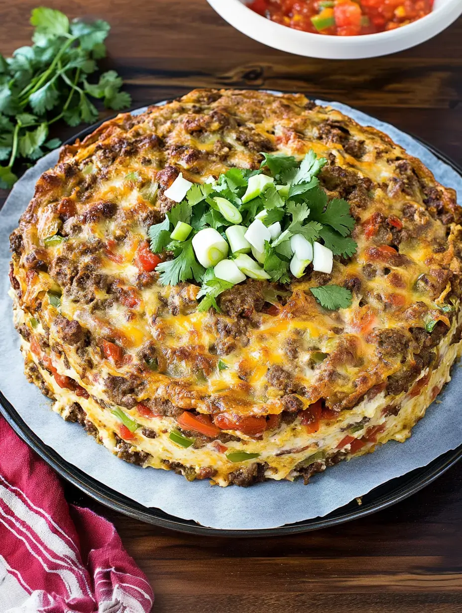 A layered casserole topped with green onions and cilantro, paired with a bowl of salsa, set on a wooden table.