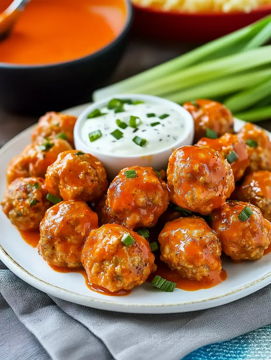 A dish of spicy meatballs drizzled with sauce, served with ranch dressing and celery sticks.