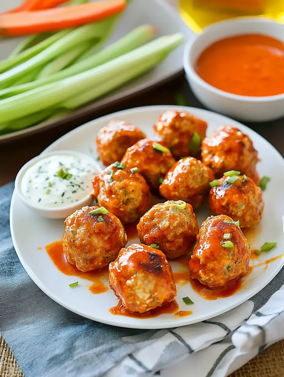 A dish of spicy meatballs drizzled with sauce, served with creamy dip and fresh veggie sticks.