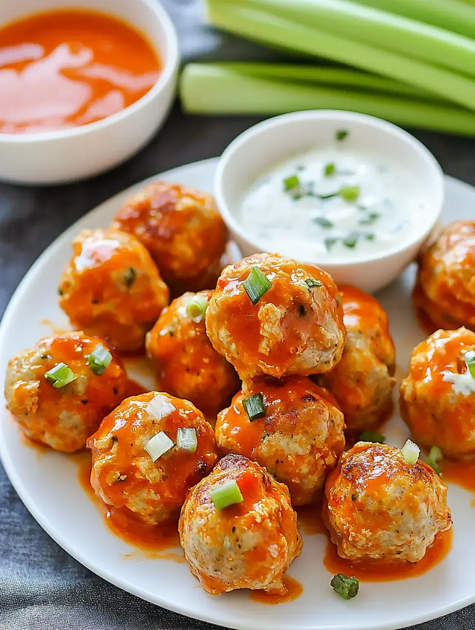 A plate of cooked meatballs coated in buffalo sauce garnished with green onions, served with ranch dressing and celery sticks.