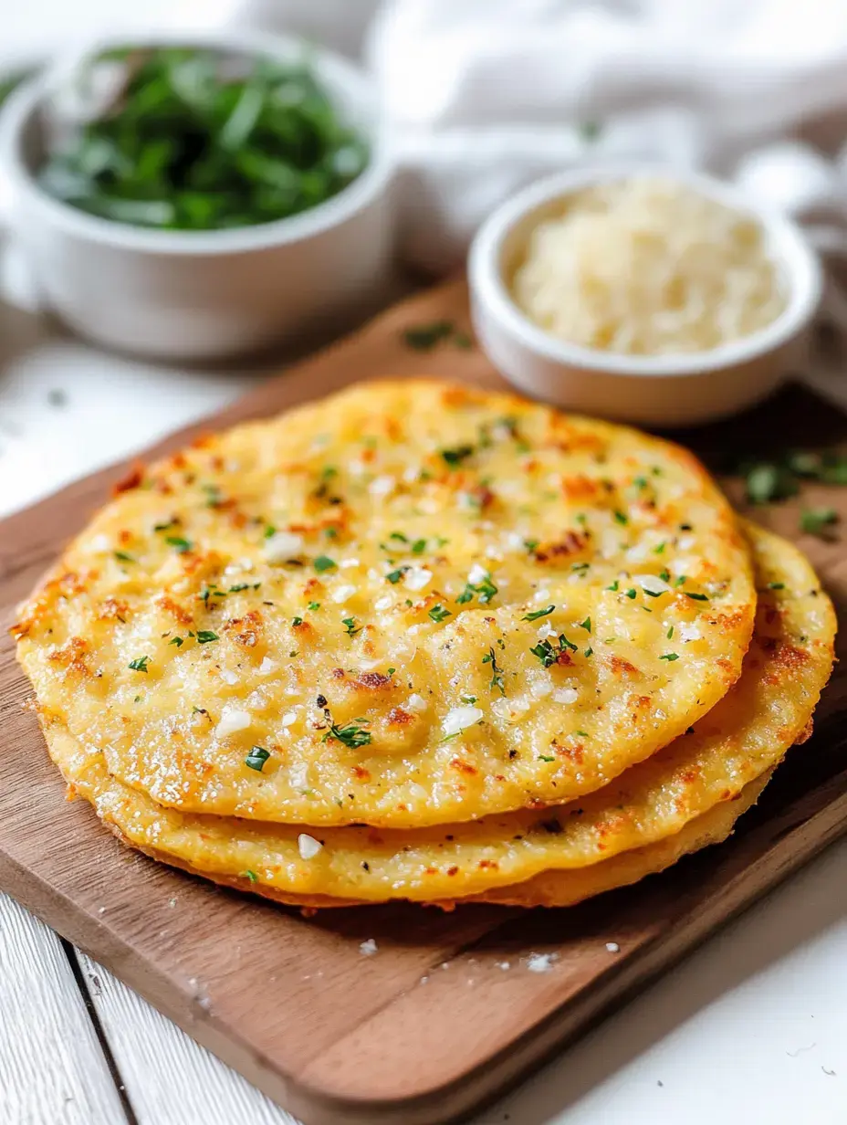 Two crispy, golden flatbreads garnished with herbs, served on a wooden board alongside bowls of greens and grated cheese.