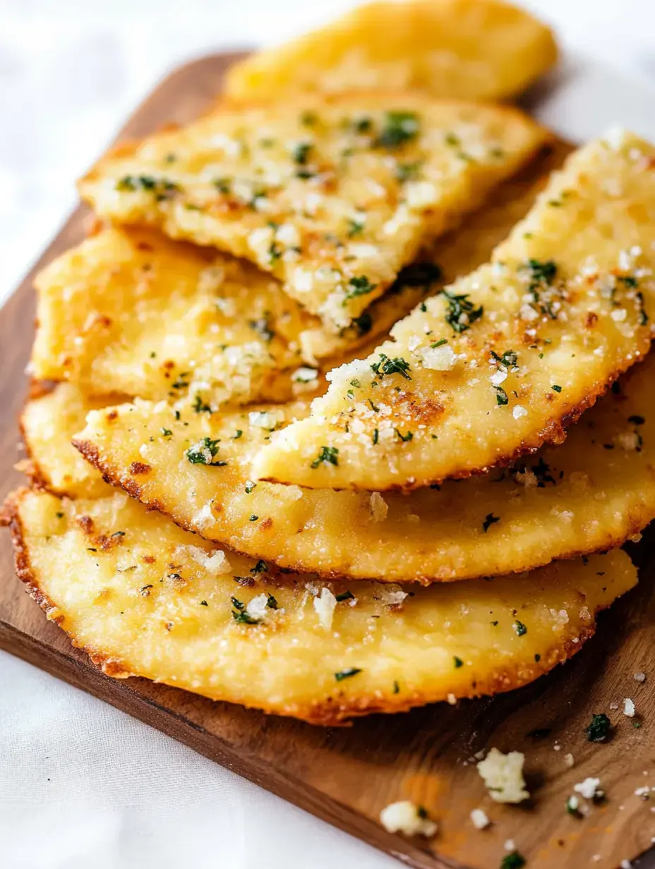A plate of crispy potato slices, garnished with herbs and breadcrumbs, served on a wooden board with a lemon wedge.