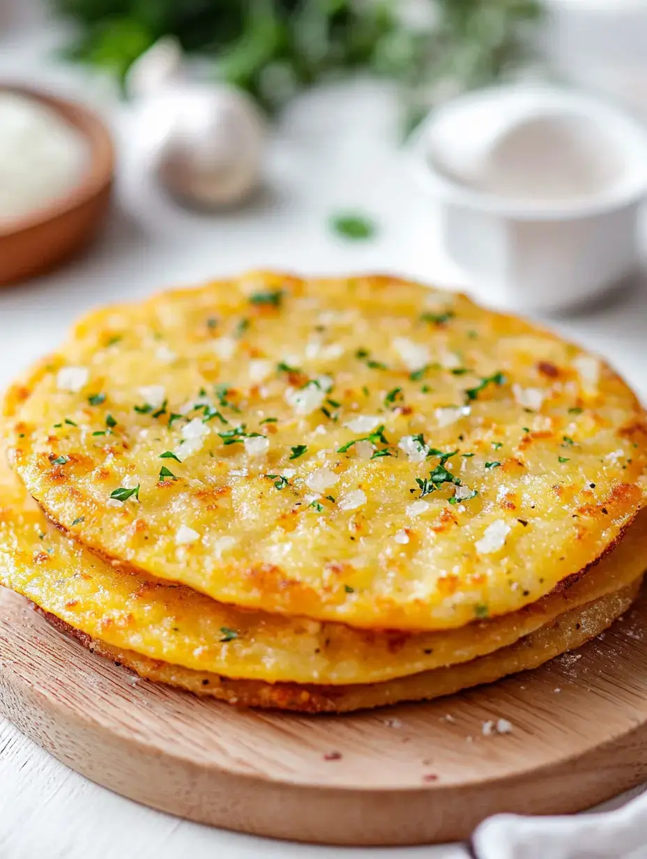 Two crispy golden flatbreads, seasoned with herbs and coarse salt, placed on a wooden board with garlic and a small bowl of dipping sauce nearby.