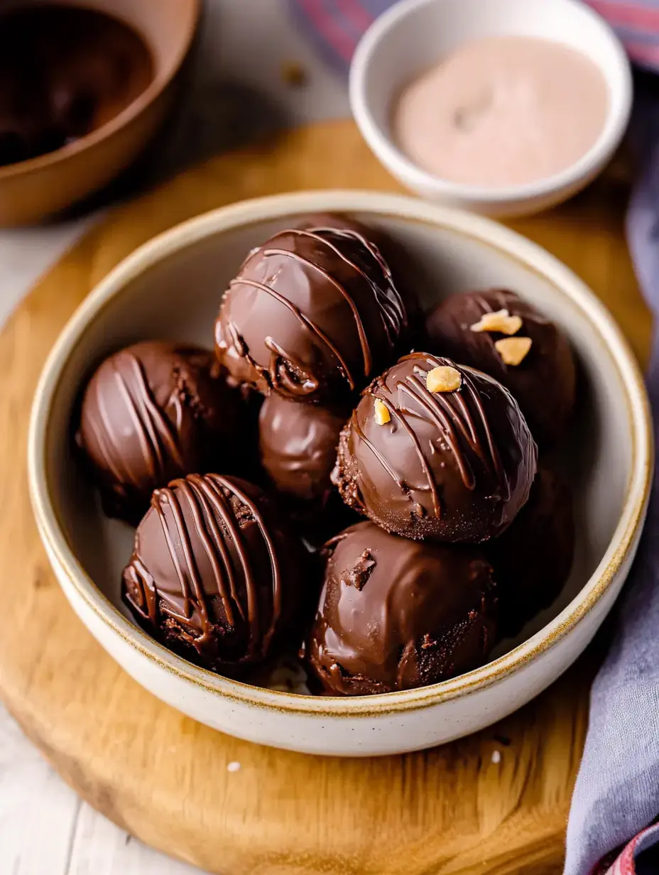 A plate of chocolate-covered treats drizzled with melted chocolate and topped with nuts, alongside a small container of dipping sauce.