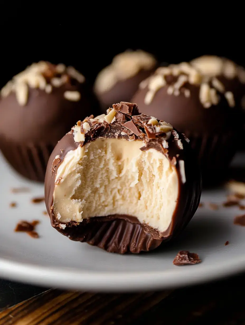 A close-up of a chocolate treat with a bite taken out, revealing the light, creamy center and topped with chopped nuts and chocolate pieces.