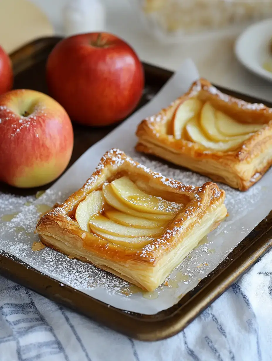 Two apple pastries dusted with powdered sugar on a tray, accompanied by red apples.
