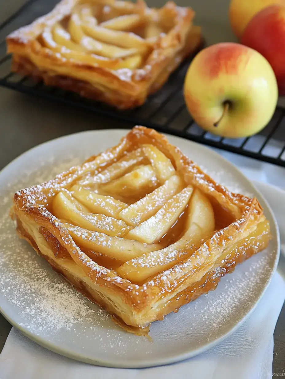 Flaky pastry topped with thin apple slices and powdered sugar on a plate, with whole apples in the background.