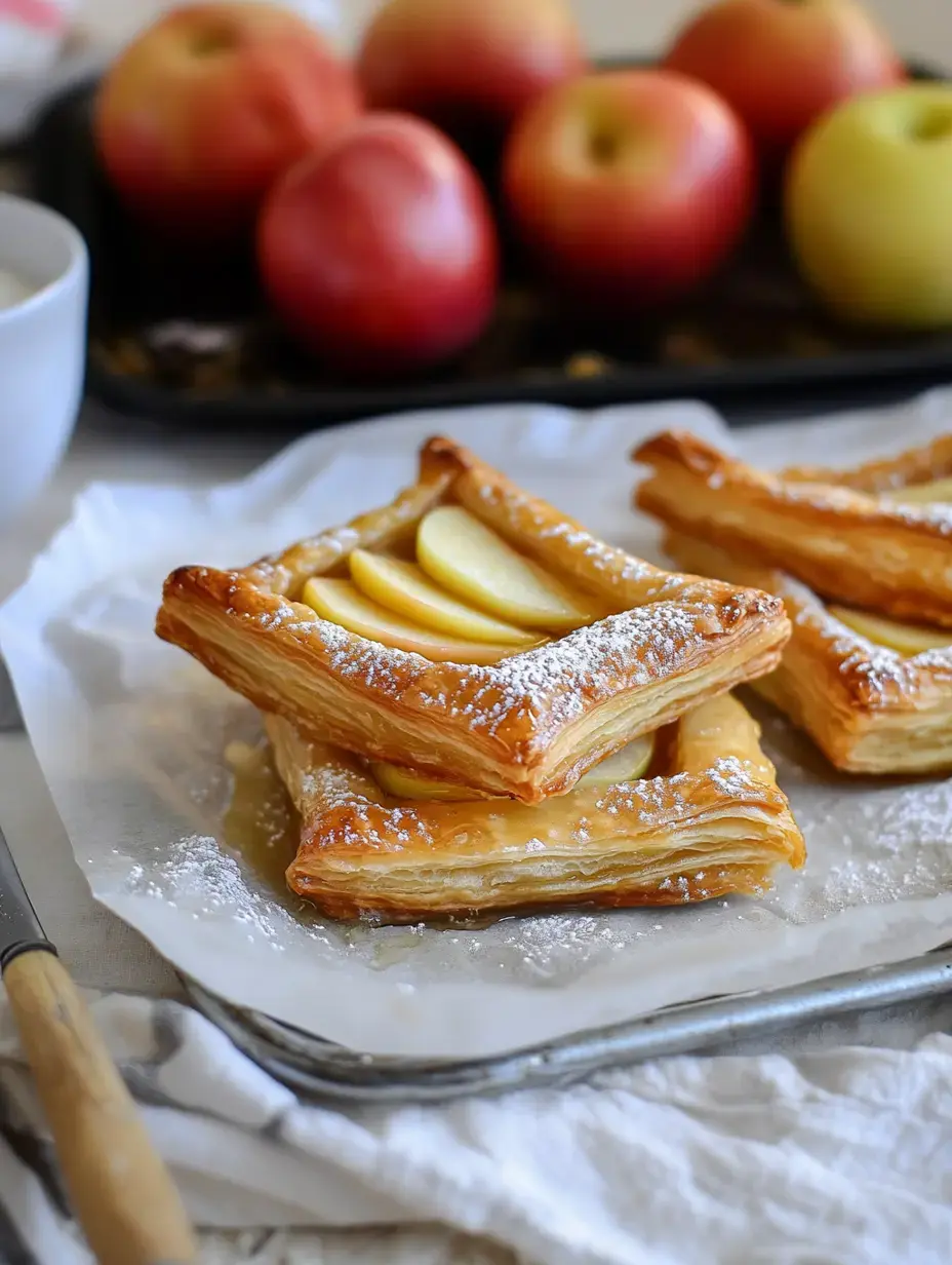 Square pastries with apple slices and powdered sugar on a plate, surrounded by fresh apples.