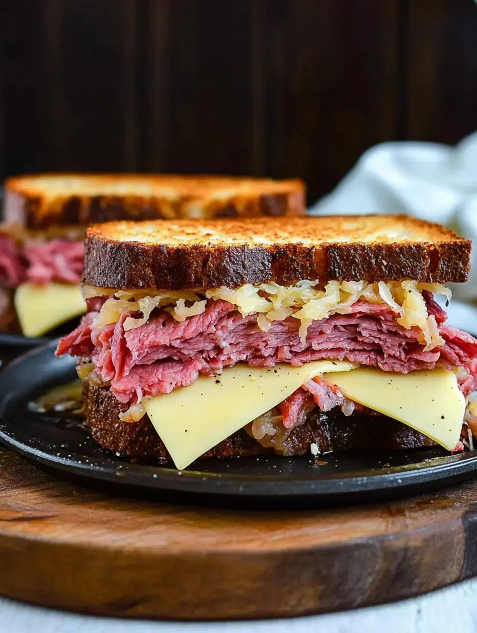 A close-up of a stacked sandwich featuring layers of corned beef, sauerkraut, and cheese between toasted bread on a black plate.