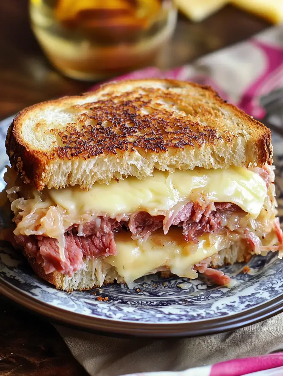 A close-up of a grilled sandwich filled with layers of corned beef, melted cheese, and sauerkraut on toasted bread, served on a decorative plate.