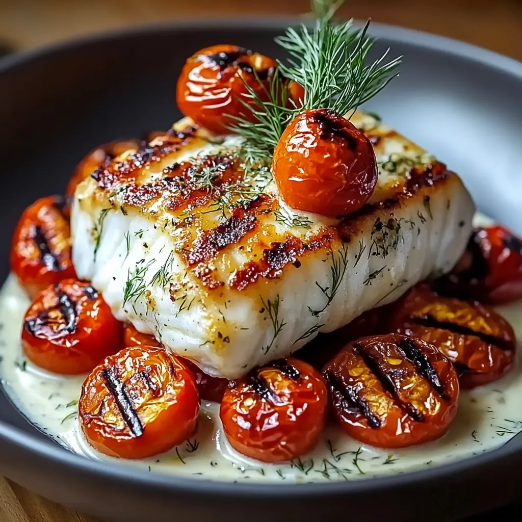Grilled Cod with Roasted Tomatoes & Creamy Dill Sauce Recipe