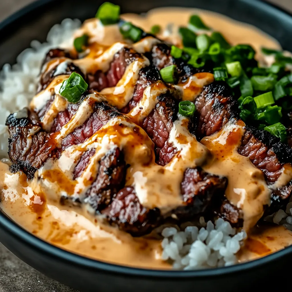 Korean BBQ Steak Rice Bowls with Spicy Cream Sauce