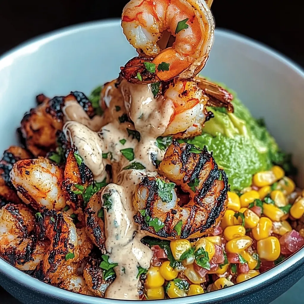 Grilled Shrimp Bowl with Avocado, Corn Salsa & Creamy Garlic Sauce