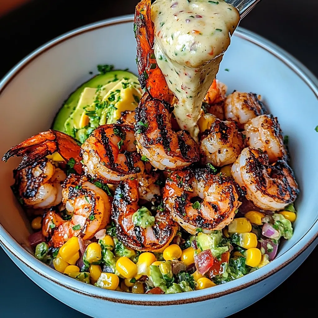 Grilled Shrimp Bowl with Avocado, Corn Salsa & Creamy Garlic Sauce Recipe