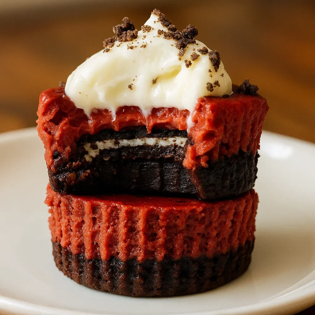 Mini Oreo Stuffed Red Velvet Brownie Cheesecakes