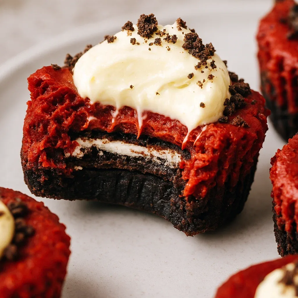 Mini Oreo Stuffed Red Velvet Brownie Cheesecakes