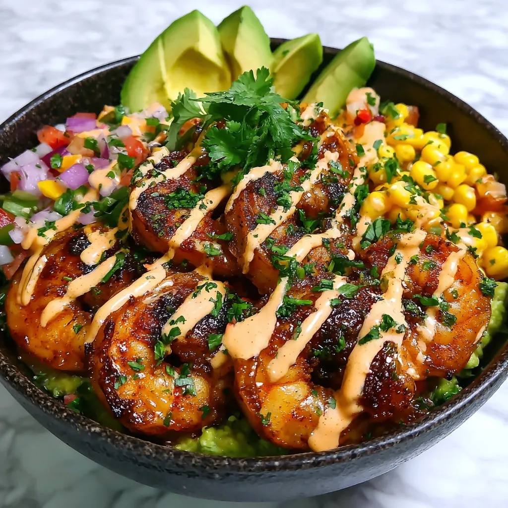 Grilled Shrimp Bowl with Avocado, Corn Salsa & Creamy Sauce