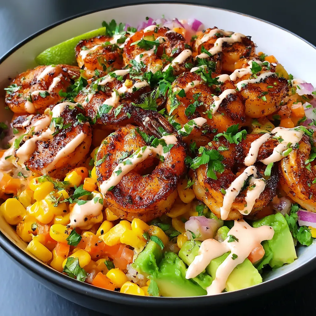Grilled Shrimp Bowl with Avocado, Corn Salsa & Creamy Sauce