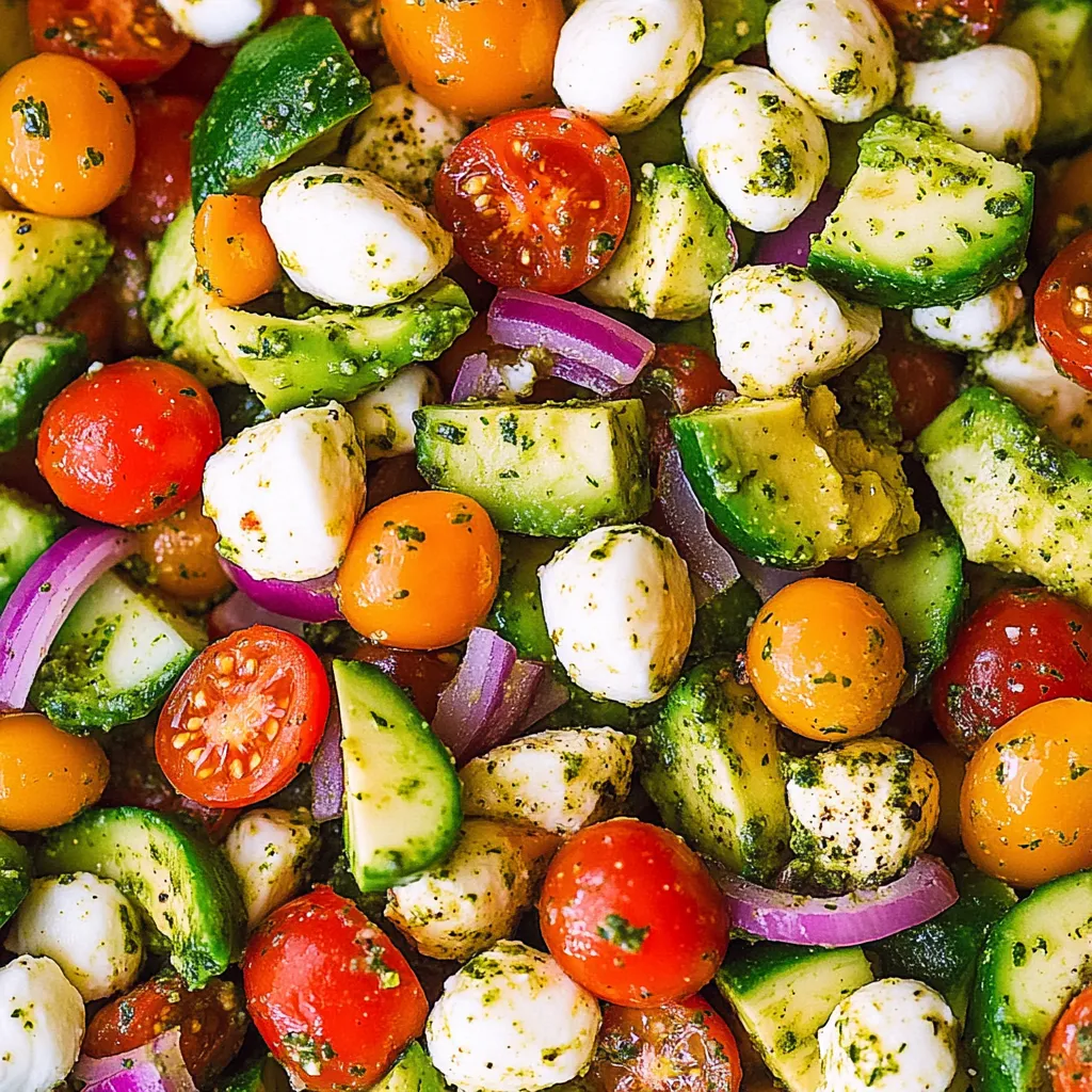 Tomato Cucumber Avocado Salad with Mozzarella and Basil Pesto