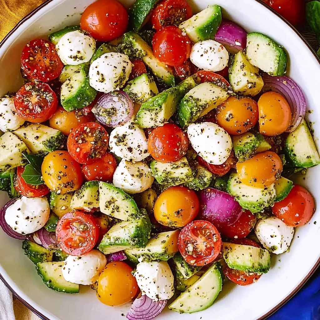 Tomato Cucumber Avocado Salad with Mozzarella and Basil Pesto