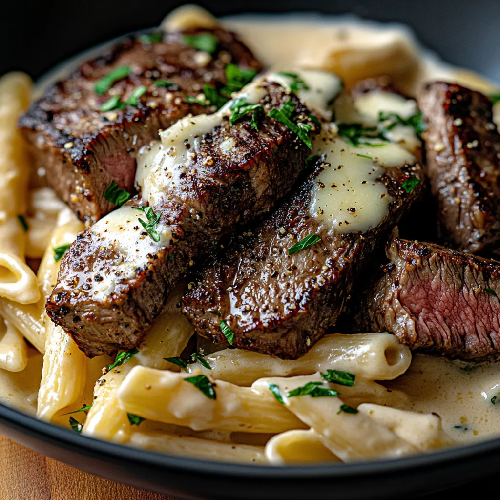 Steak and Creamy Garlic Parmesan Pasta