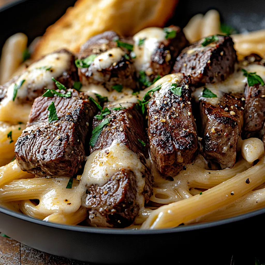 Steak and Creamy Garlic Parmesan Pasta