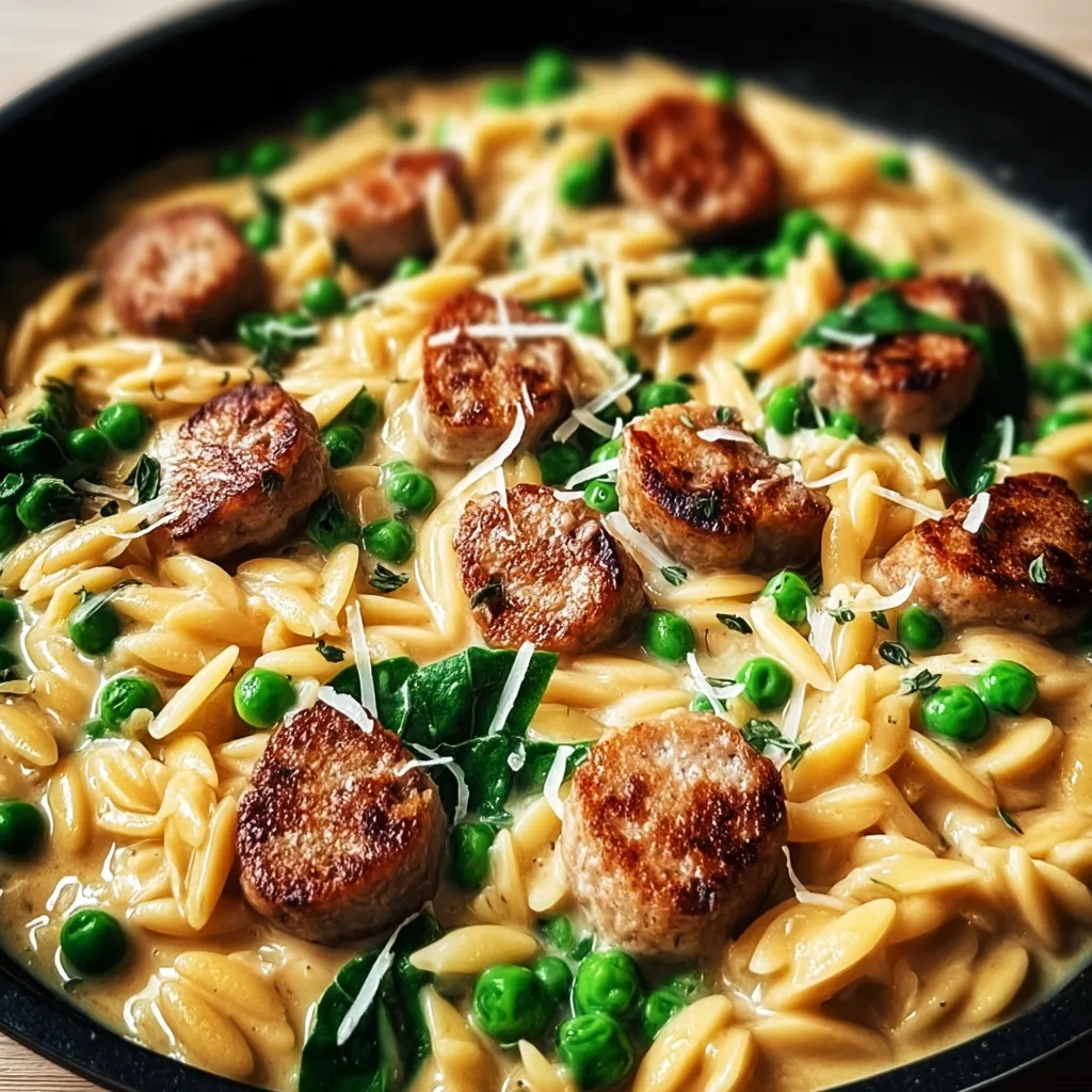 A bowl of pasta with meatballs and peas.