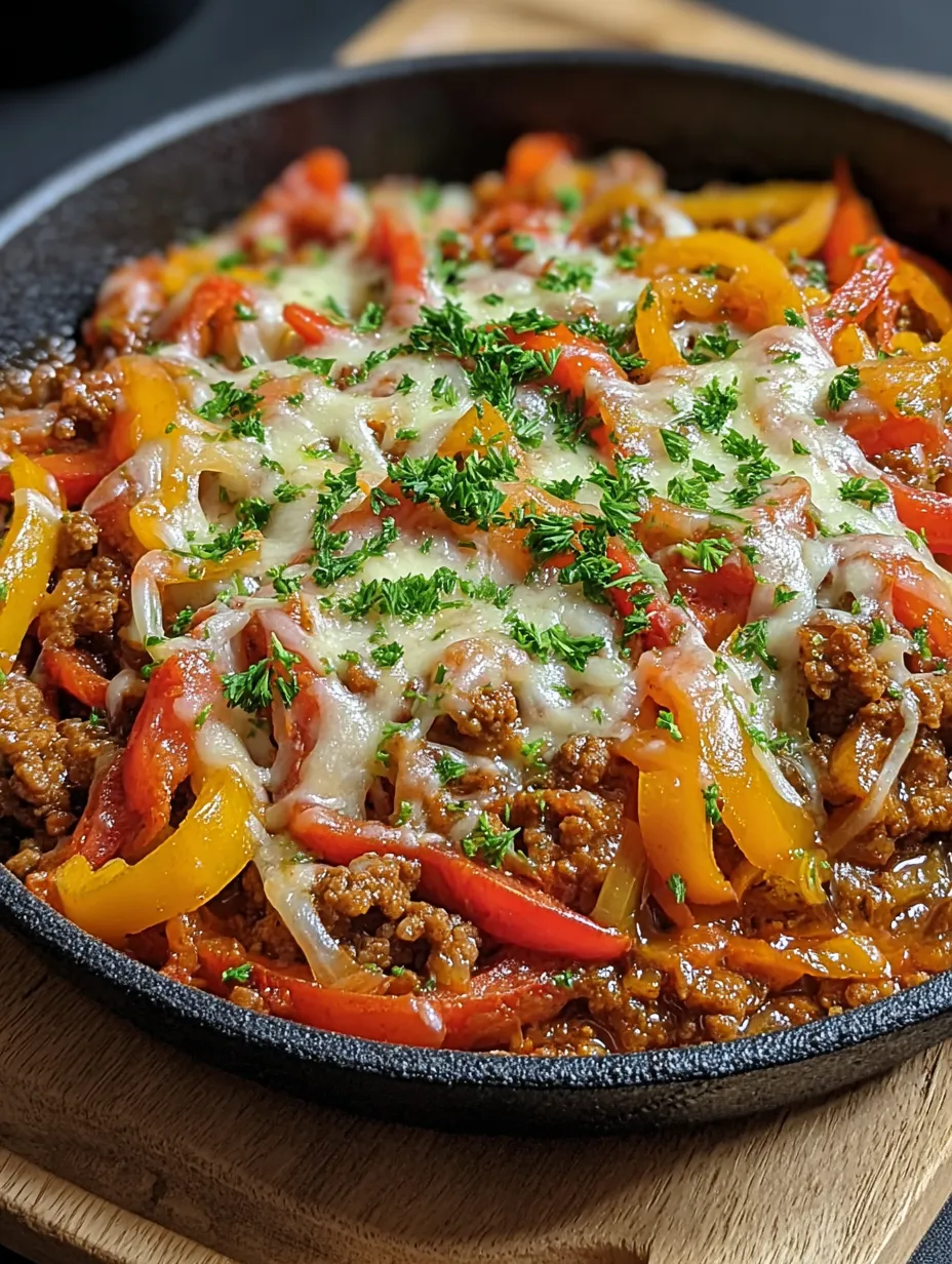 A skillet of food with peppers and cheese.