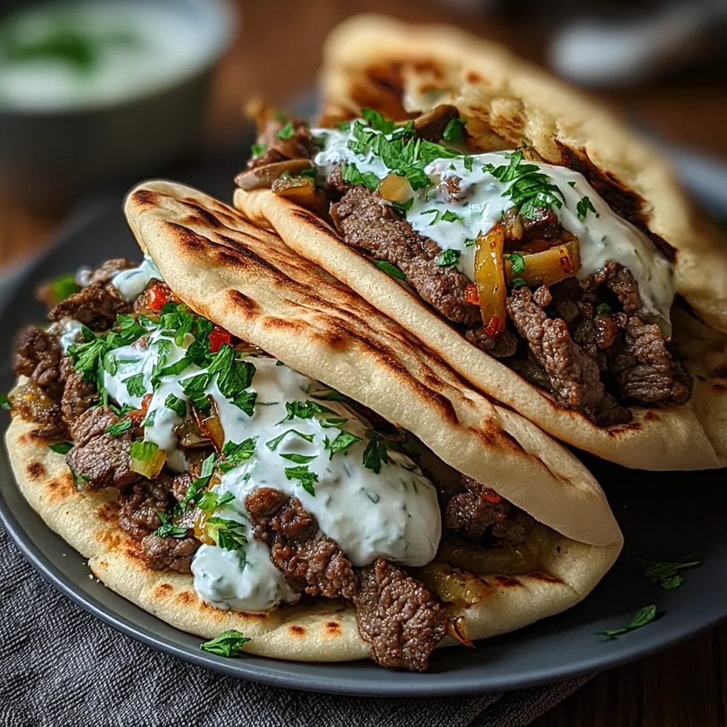Cheesy Beef and Mushroom Pita Pockets with Tzatziki Sauce