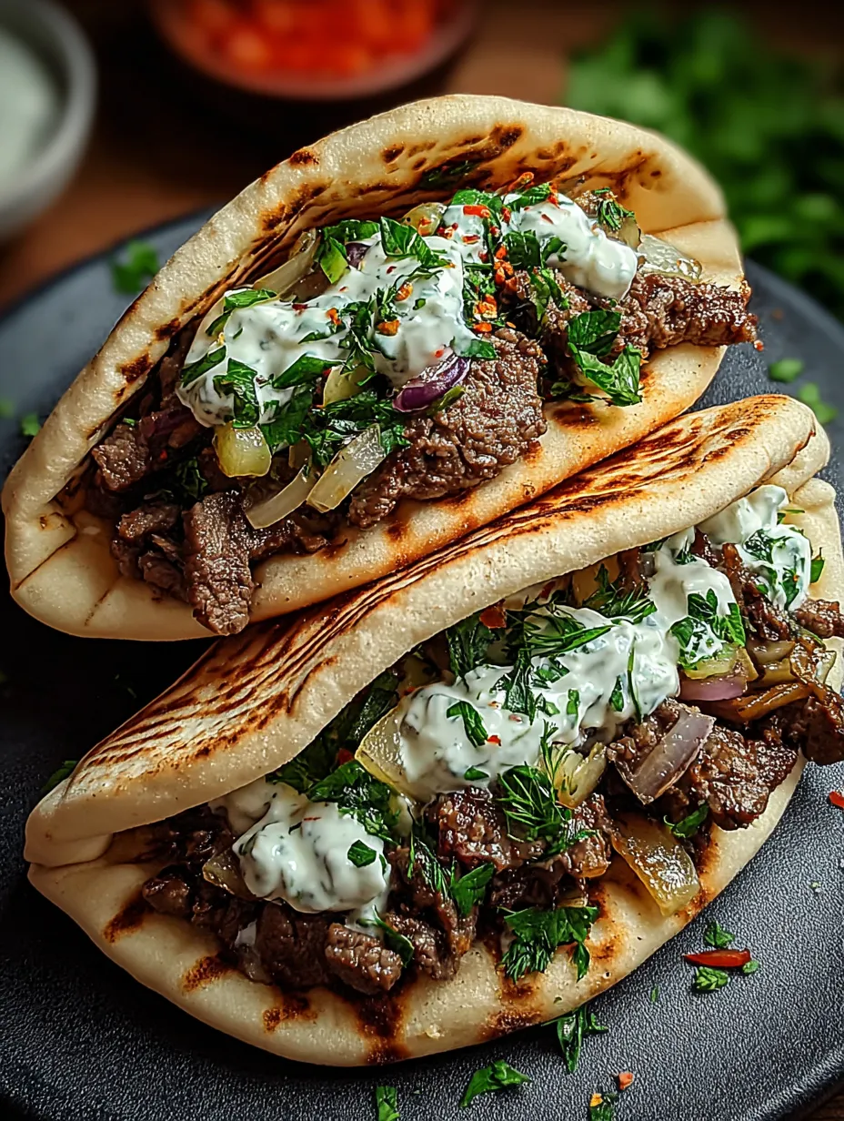 Cheesy Beef and Mushroom Pita Pockets with Tzatziki Sauce